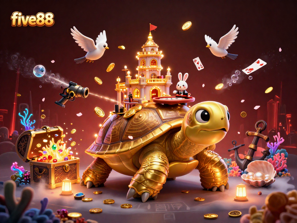 Experience the excitement of five88 with a golden tortoise casino and energetic dealer scene.