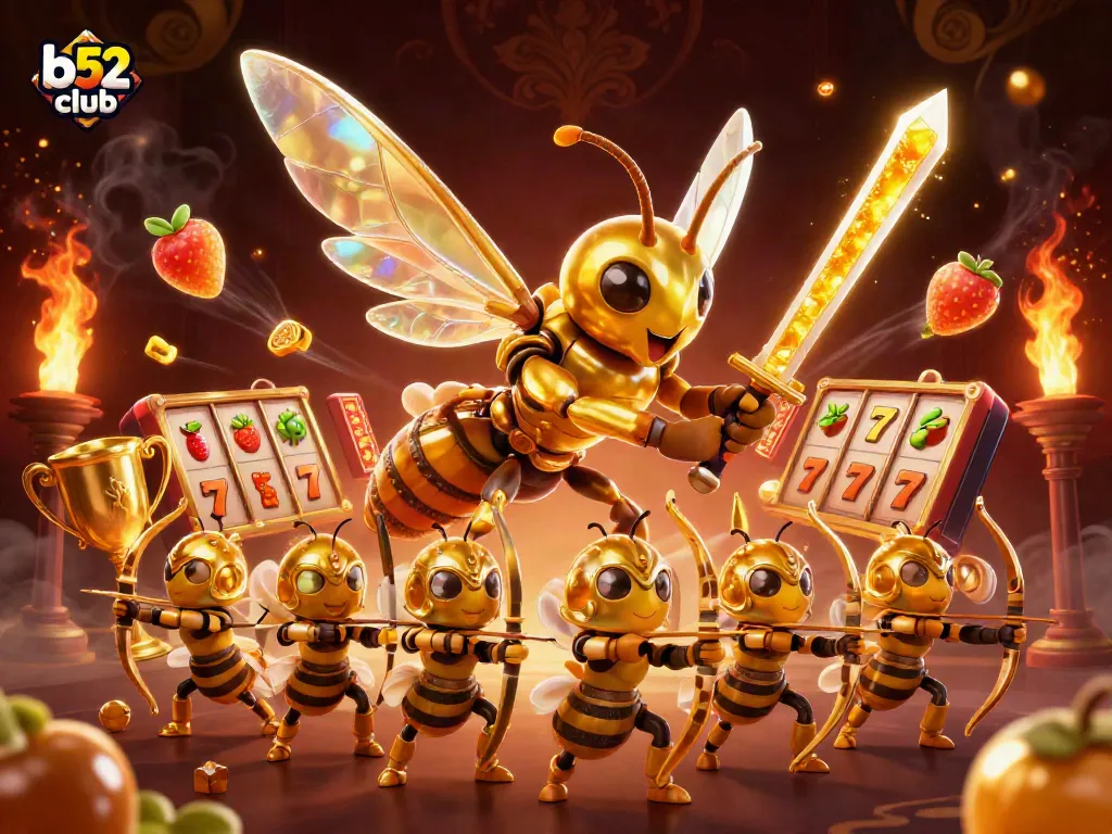 B52 club showcases a vibrant scene with a golden hornet and bee archers amid dynamic slot game elements.