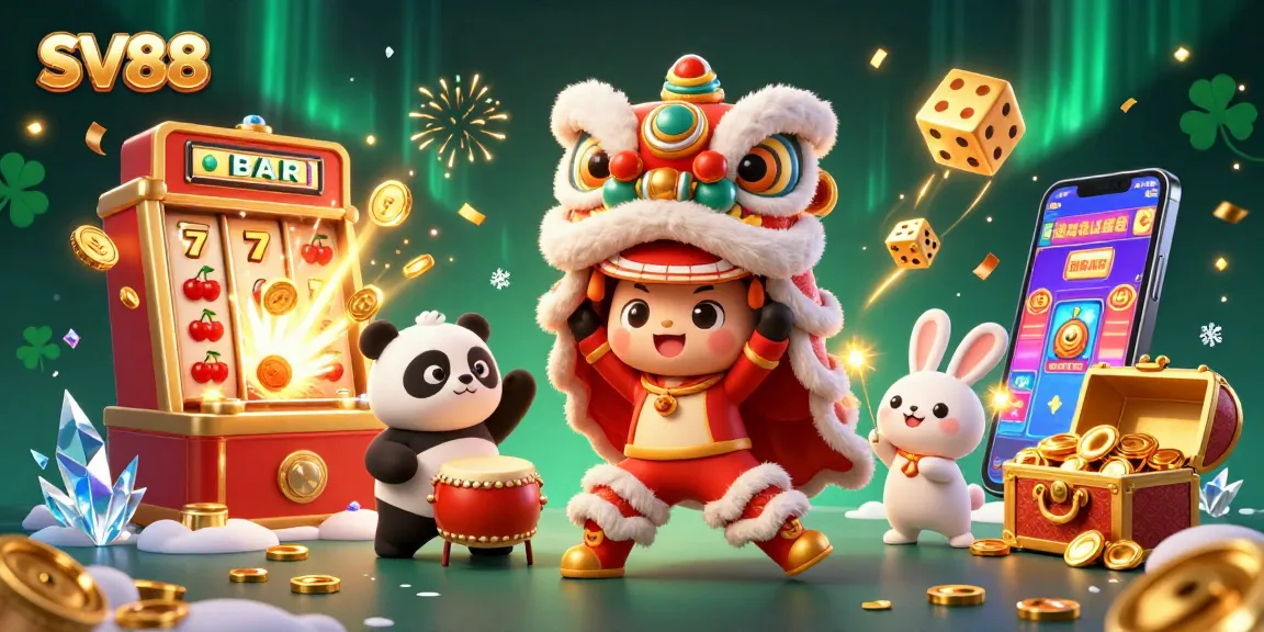 SV88 offers an exciting casino experience with a vibrant scene of slot machines, characters, and celebrations.