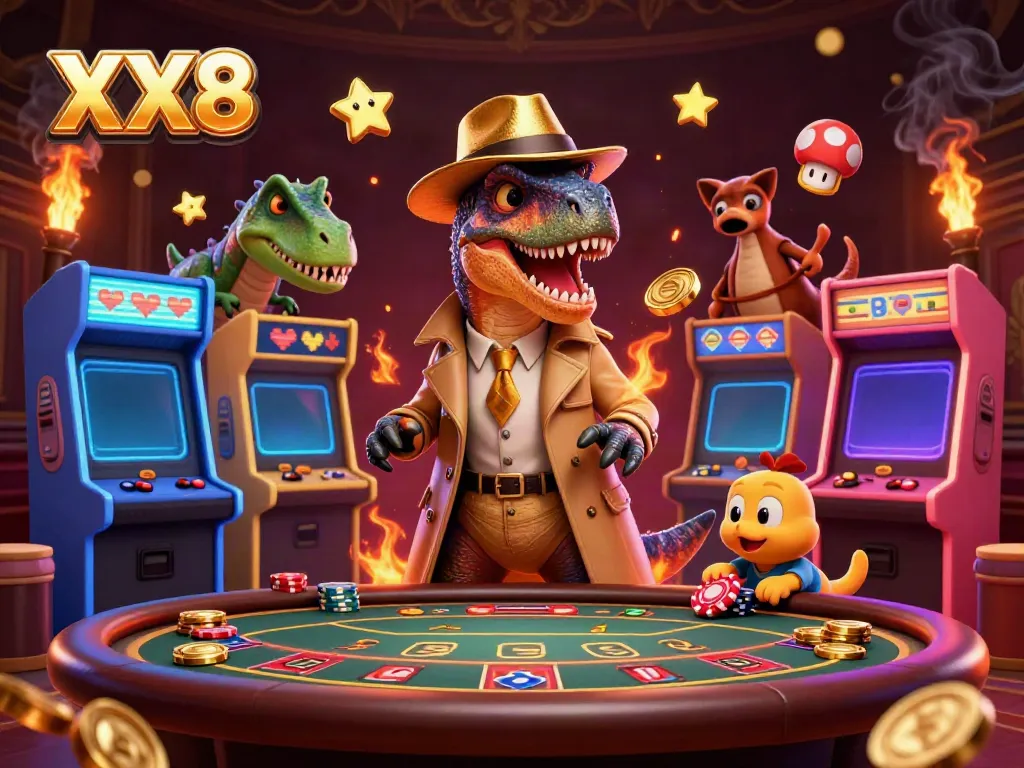Experience thrilling gambling action with XX8’s cartoon velociraptor at a blackjack table, set in a vibrant arcade casino.