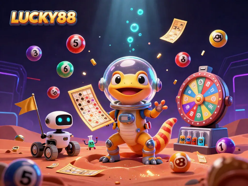 LUCKY88 showcases a Martian gecko exploring a golden casino, emphasizing vibrant gaming elements.