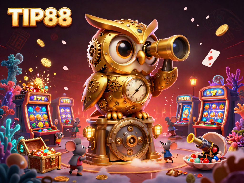 Experience the thrilling world of TIP88 with a vibrant and dynamic casino scene featuring a golden owl and lively game elements.