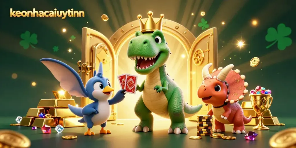 Experience the excitement of keonhacaiuytinn as whimsical dinosaurs shuffle cards and stack chips amidst golden treasures.