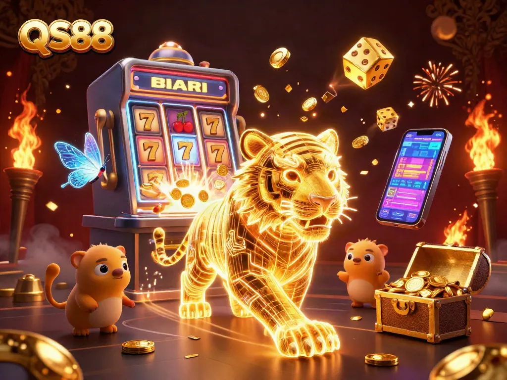 Experience the thrilling QS88 casino scene with a golden tiger and vibrant slot machine bursting with jackpots.