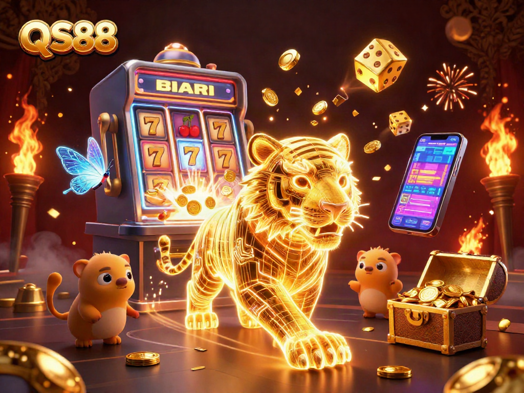 Experience the thrilling QS88 casino scene with a golden tiger and vibrant slot machine bursting with jackpots.