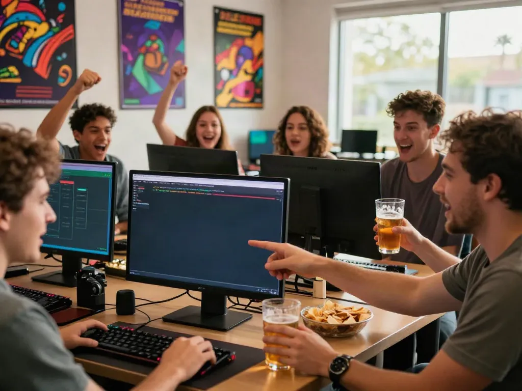 Exciting group of friends engaging in online betting at TX88, celebrating with drinks.