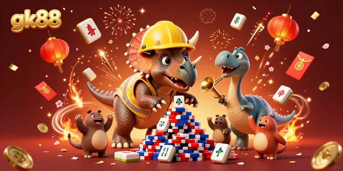 Experience the excitement of gk88 as a triceratops builds a colorful poker chip pyramid amid cheerful celebration elements.