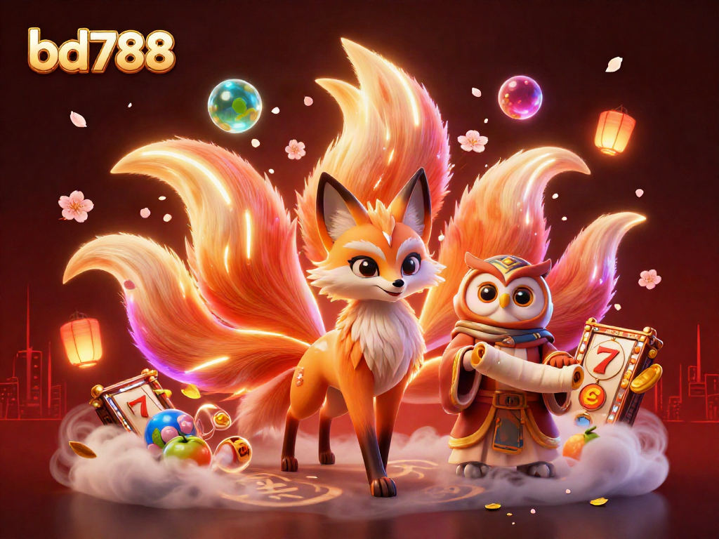 Experience the excitement of bd788 with a vibrant online casino scene featuring a nine-tailed fox and slot machines.