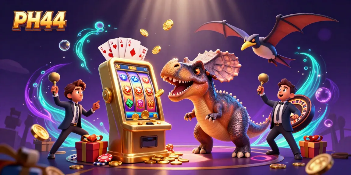 PH44 characters celebrate casino wins with dynamic gambling elements in an engaging 3D scene.