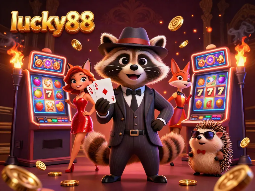 Experience the excitement of lucky88 with a dynamic 3D illustration of characters enjoying casino-themed games.