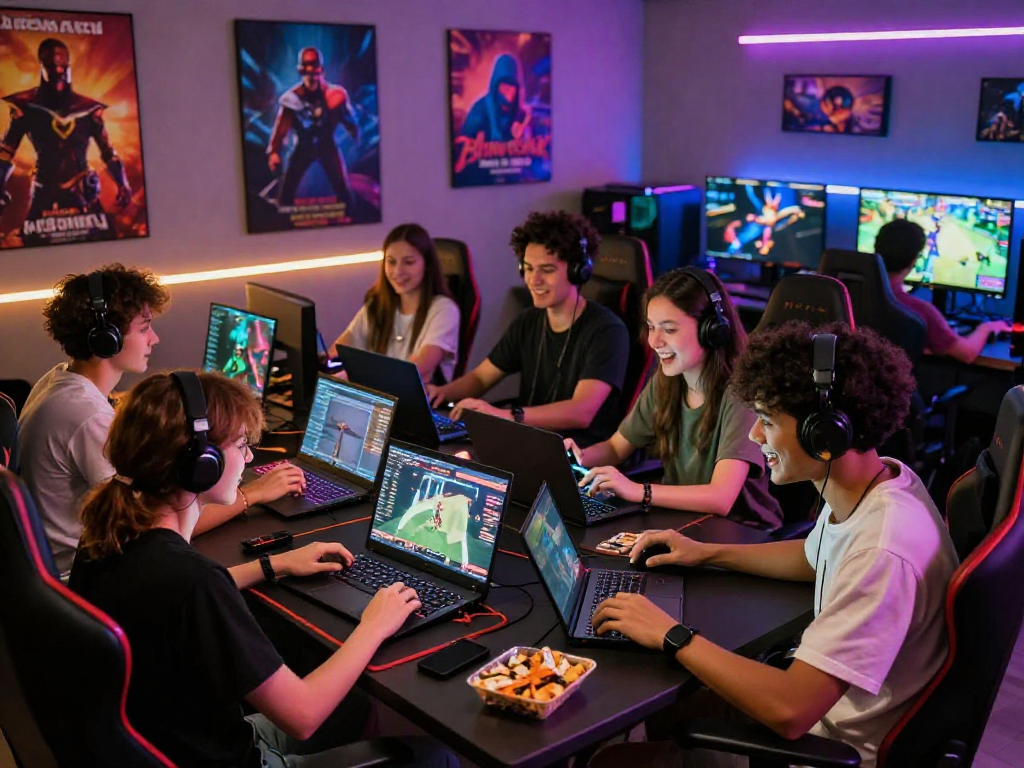 Engaging scene of a group enjoying online porn games together in a vibrant gaming setup.