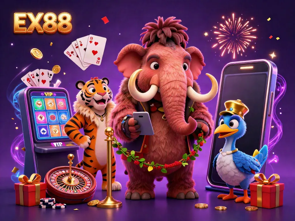 Experience the vibrant EX88 casino scene with a woolly mammoth bouncer and saber-tooth VIP.