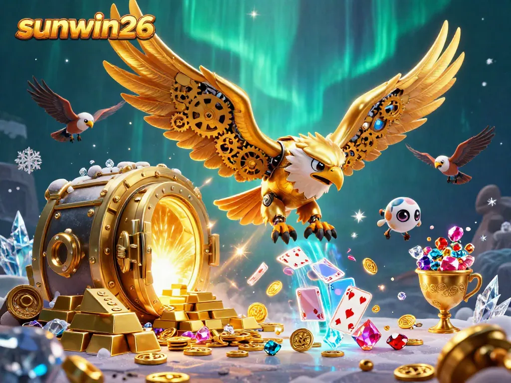 Experience thrilling wins with sunwin26, featuring a golden eagle amidst cascading playing cards and treasures in a vivid 3D illustration.