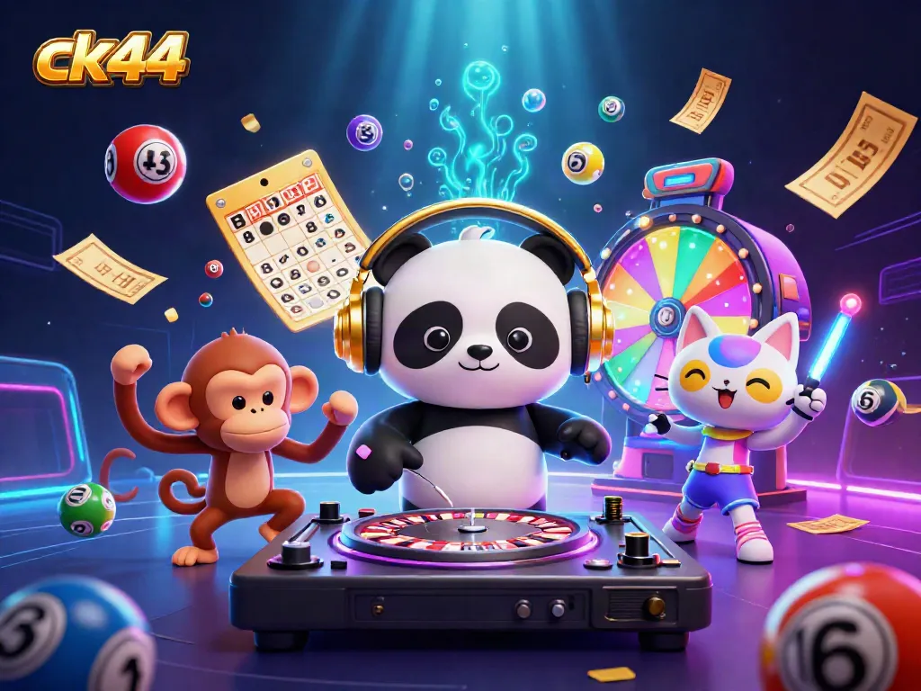Engage with ck44 through vibrant gameplay featuring a panda DJ, dancing monkey, and rave kitten.