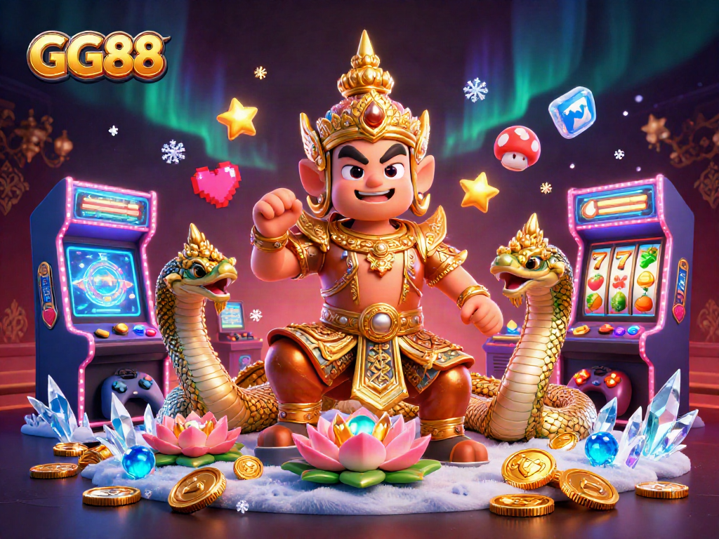 Engage in the excitement of GG88, featuring dynamic slot reels amidst a vibrant casino scene.