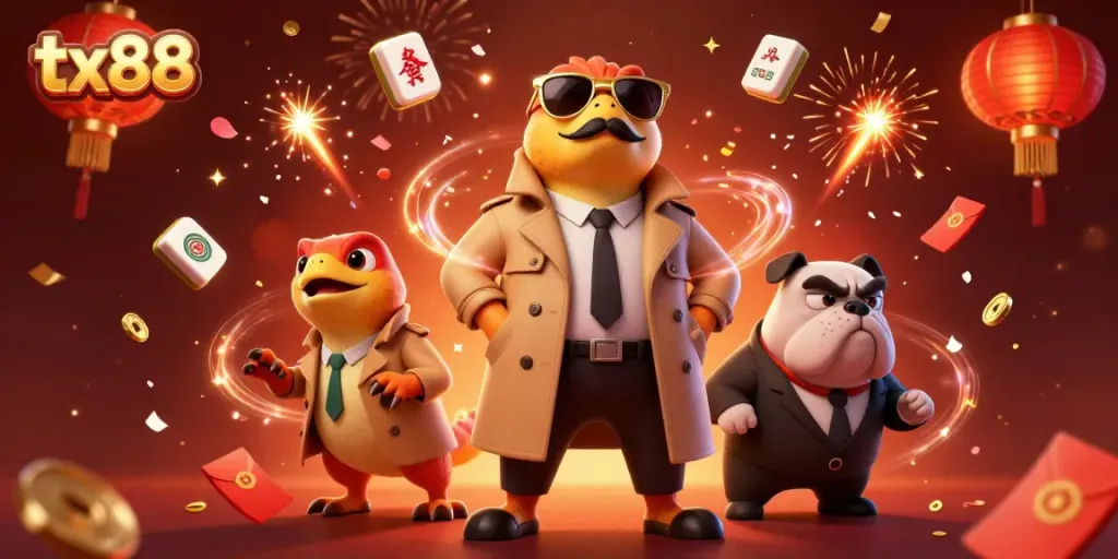 Raptors in trench coats amusingly attempt to sneak into a casino while the suspicious bouncer watches them, embodying the playful spirit of tx88 gaming.