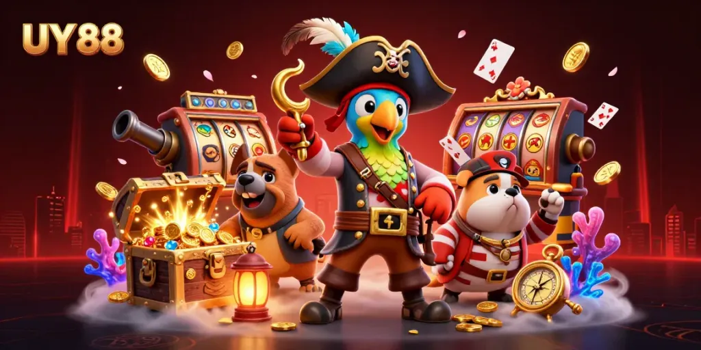 Engage in thrilling casino adventures with UY 88, showcasing a charming pirate crew amidst dynamic gambling elements.