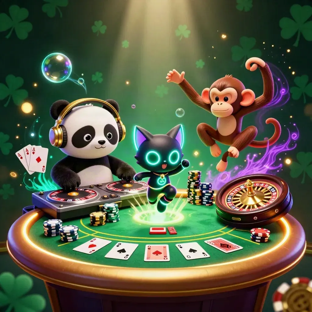 DJ panda, breakdancing monkey, and glow-stick kitten amid casino lights and chips
