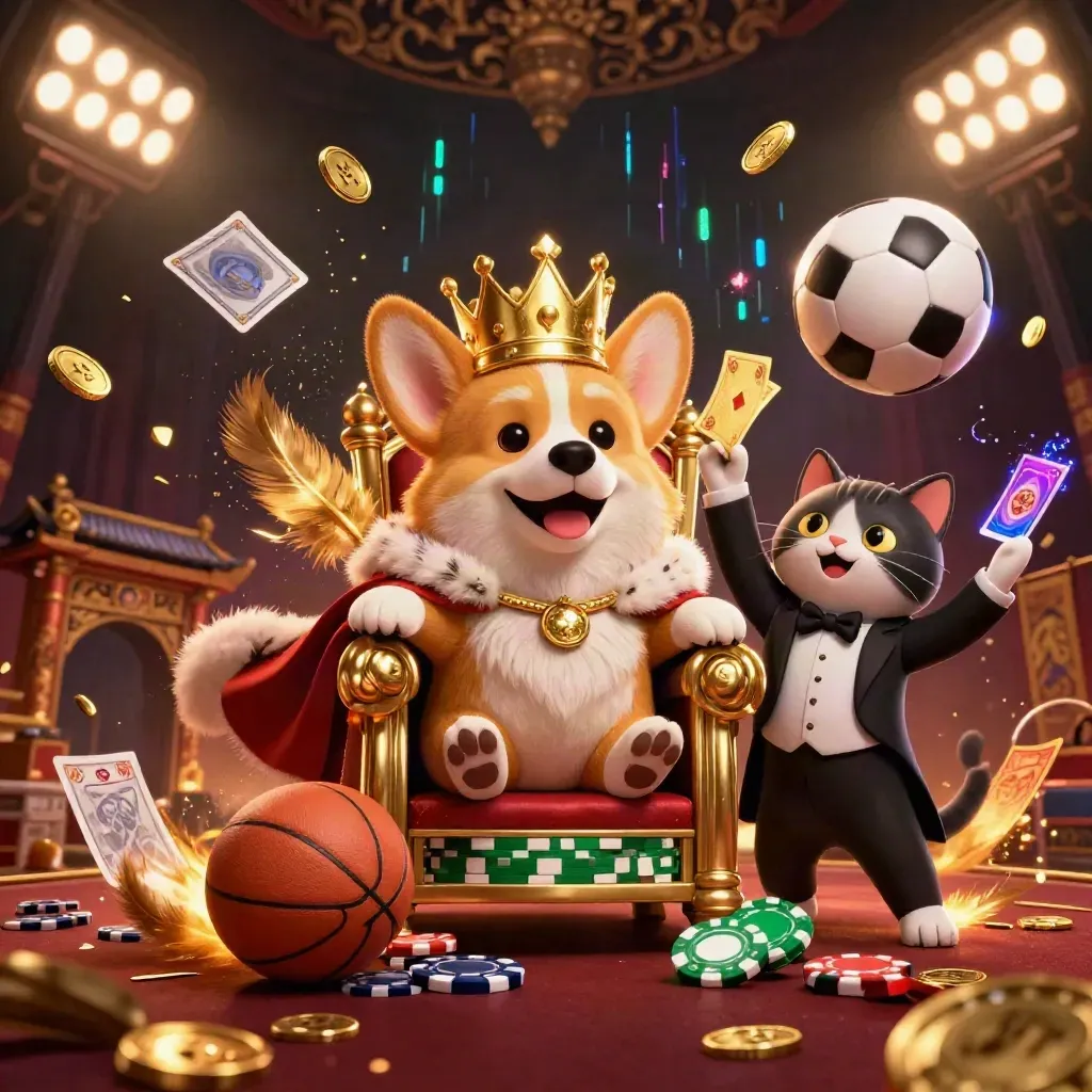 Royal corgi and cat butler amid coins, balls, neon bolts, and casino sports chaos
