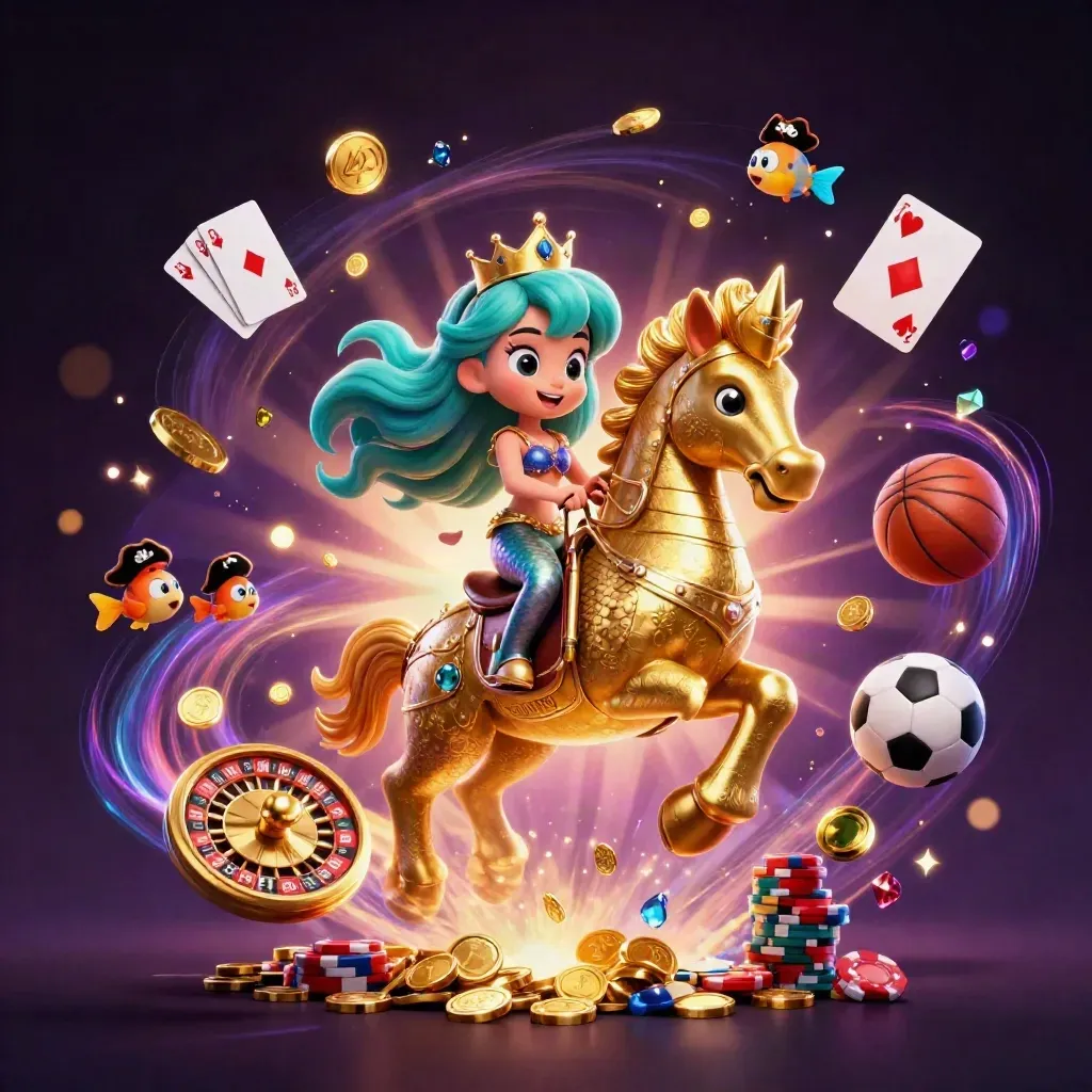 Mermaid princess rides a golden seahorse amid casino symbols, coins, fish, and glowing magic.