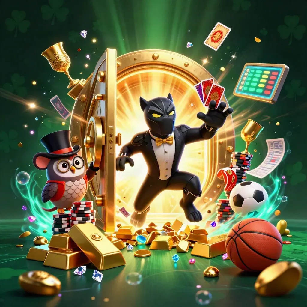 Panther, owl, and mouse with vault treasure, gems, balls, and glowing casino light