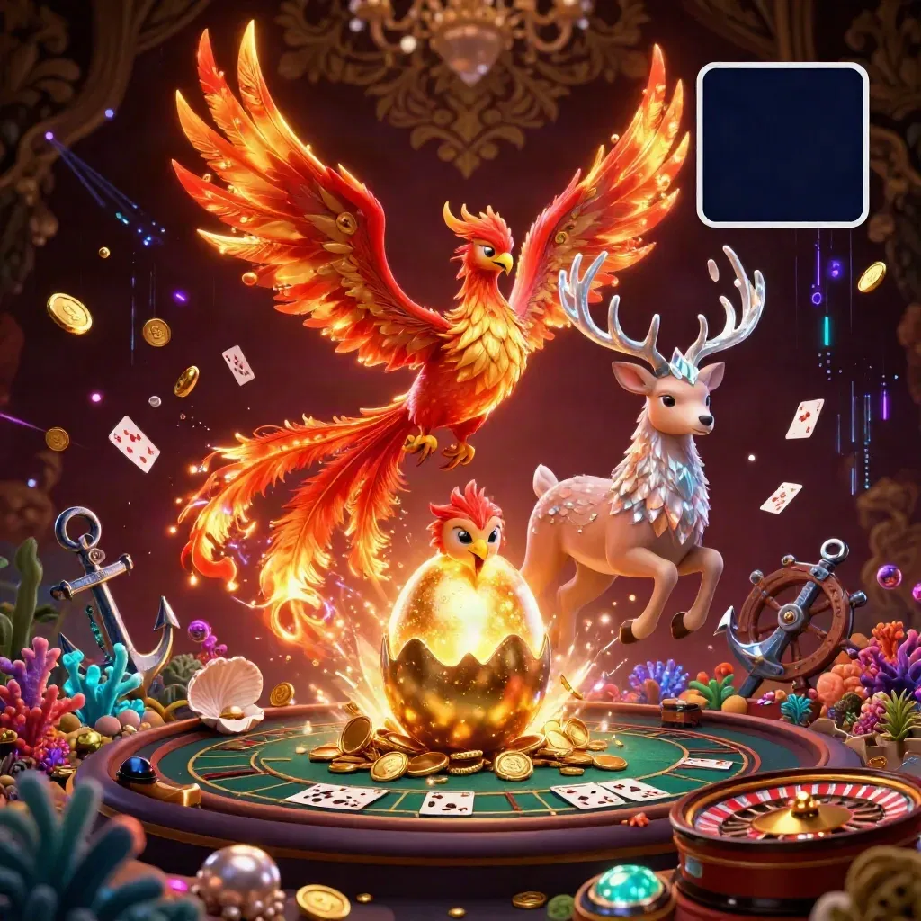 Fire phoenix, hatching baby phoenix, crystalline stag, treasure cove, cards, roulette wheel, gold glow