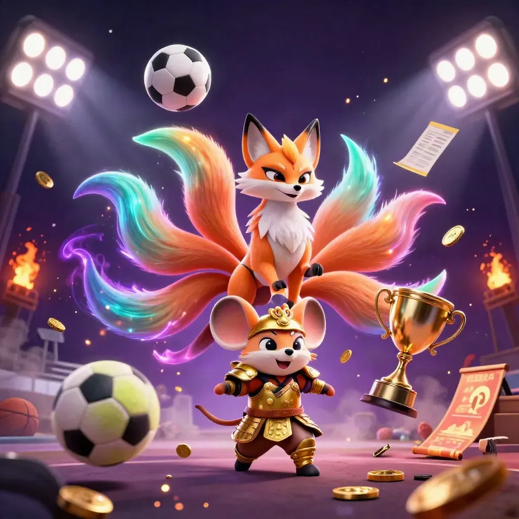 Neon fox spirit and armored mouse amid flying sports balls, gold coins, and casino lighting.