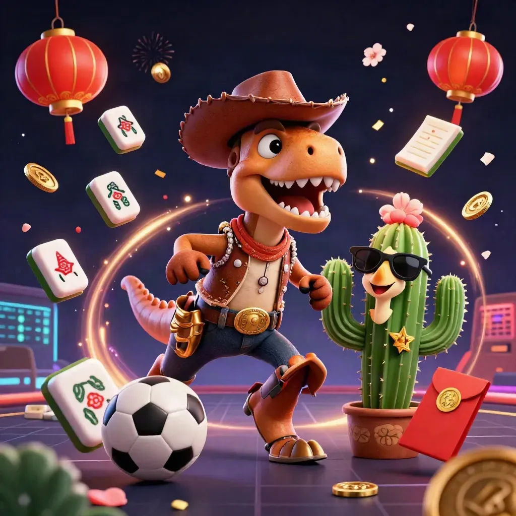 Cartoon cowboy T-Rex, cactus, and roadrunner amid casino game icons and neon lights.