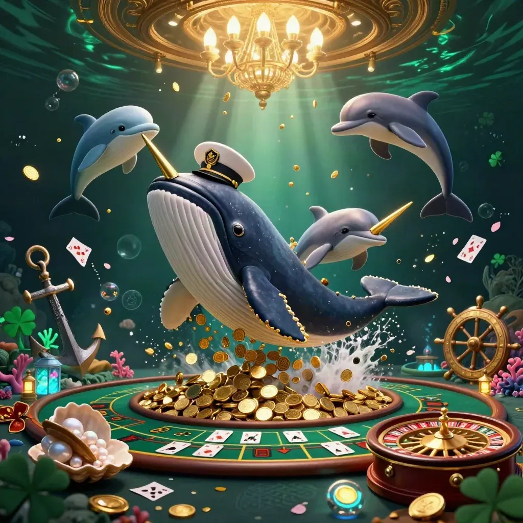 Whale captain, narwhal, and dolphins in a glowing underwater casino treasure cove.