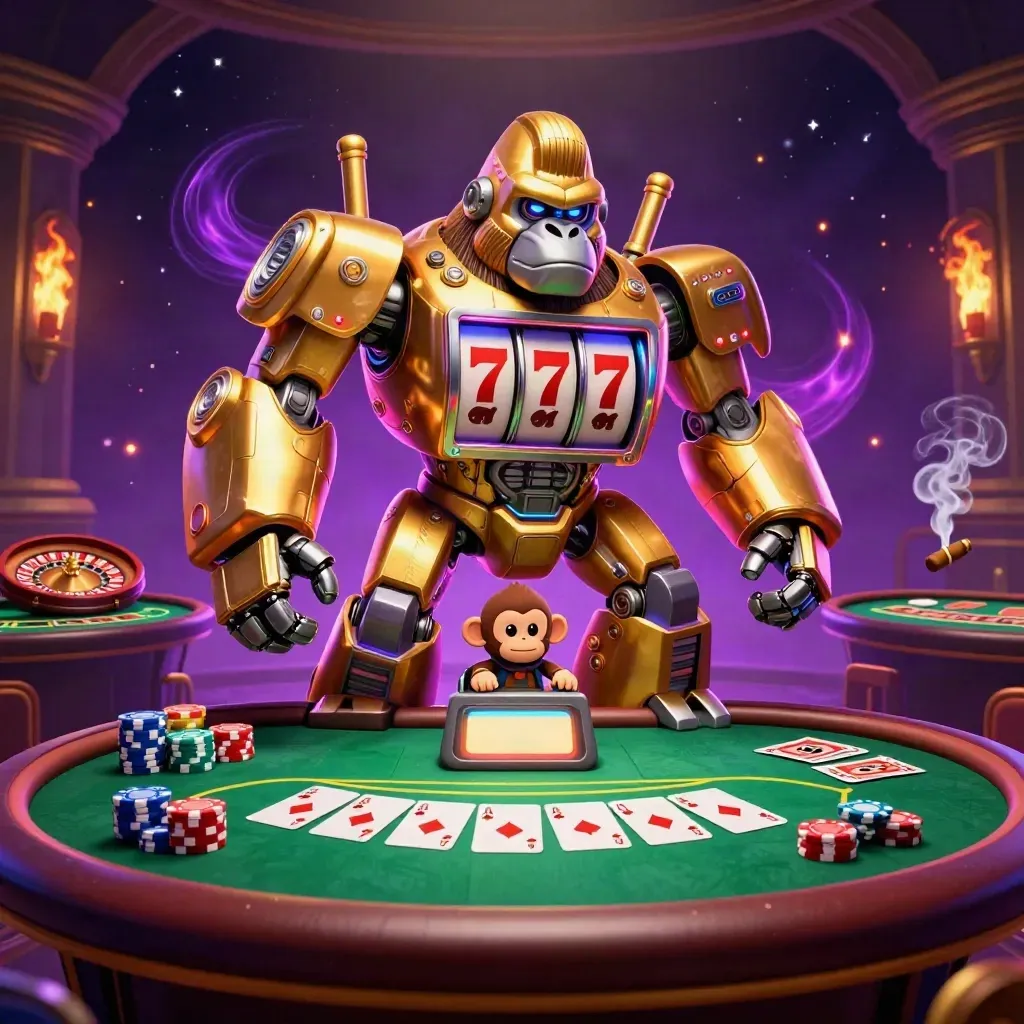 Golden gorilla slot-mech with monkey pilot amid casino tables, chips, and glowing lights.