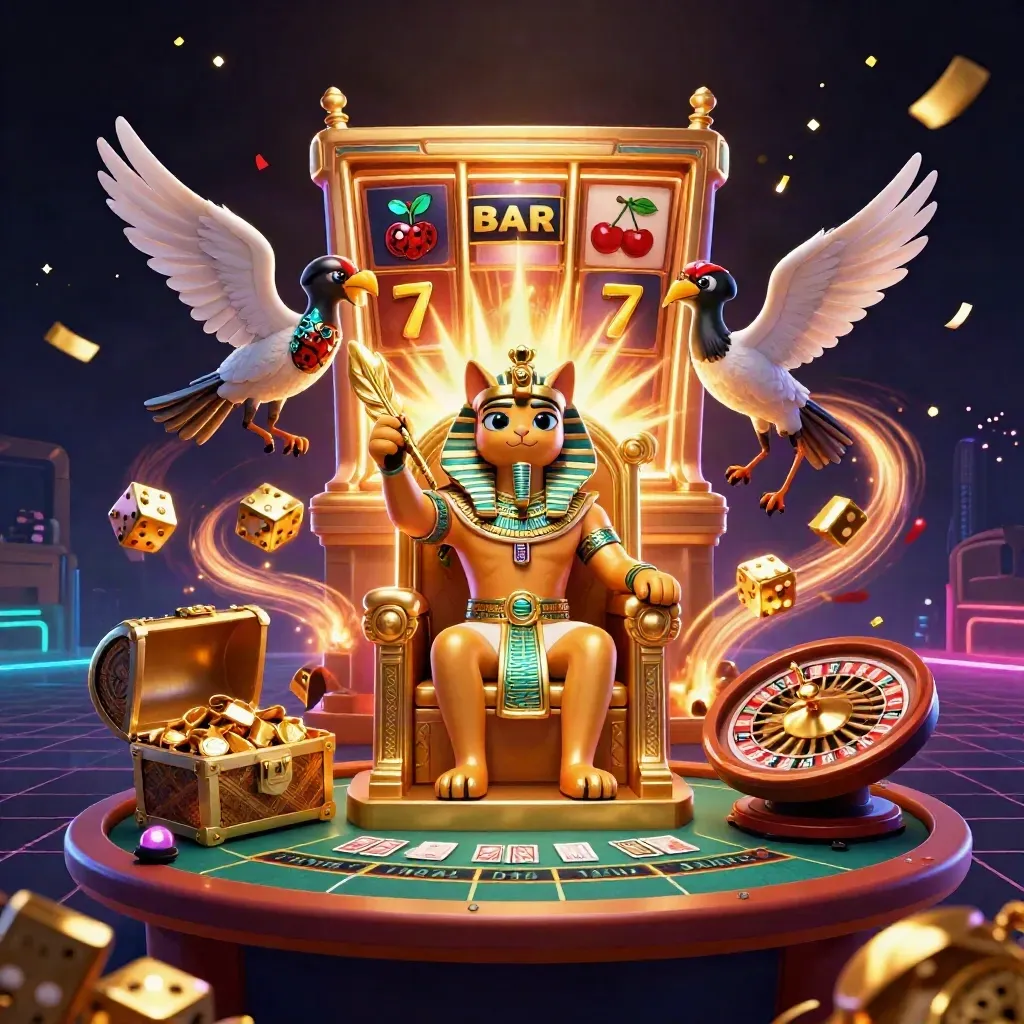 Pharaoh cat, ibis scribe, scarabs, slot burst, dice, gold, and casino neon glow.