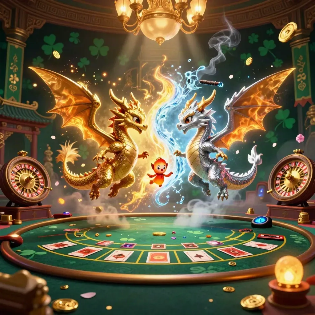 Gold and silver dragons form a yin-yang blaze in a luxe emerald casino room