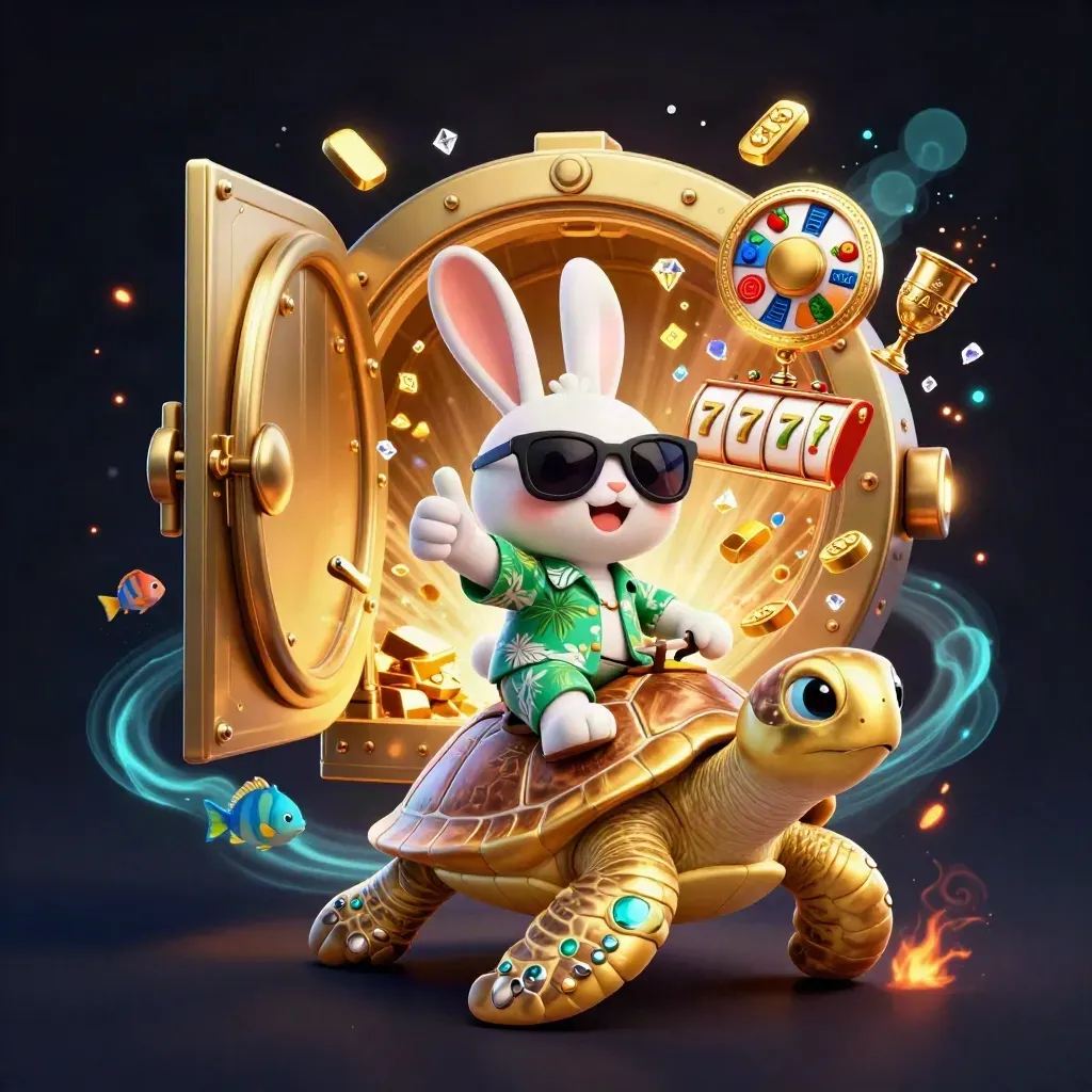 Rabbit in sunglasses rides a gem-shell sea turtle as a vault door bursts with gold and gems.