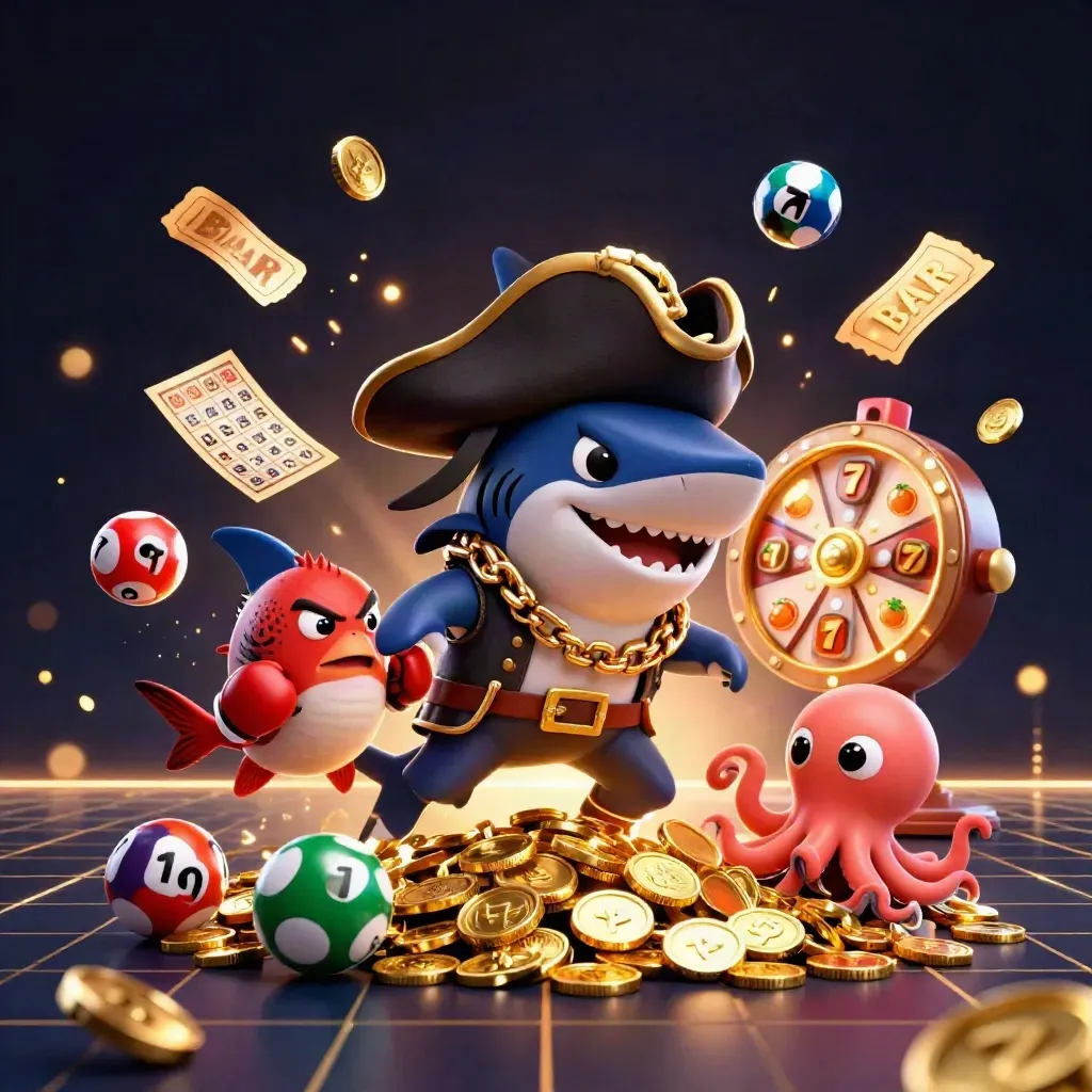Pirate shark captain, boxing pufferfish and juggling octopus amid gold coins, balls and casino lights.