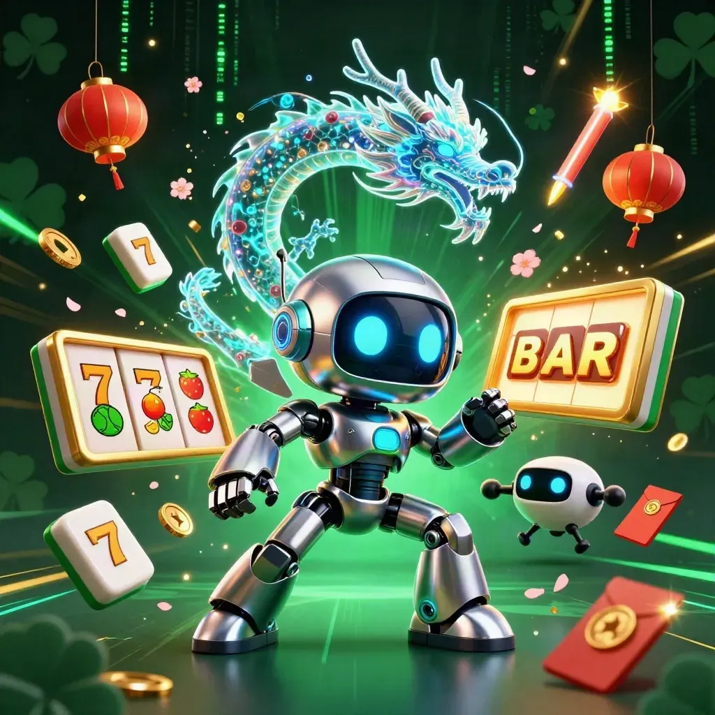 Cyberpunk robot, holographic dragon, and coin drone amid casino charms and emerald bursts.