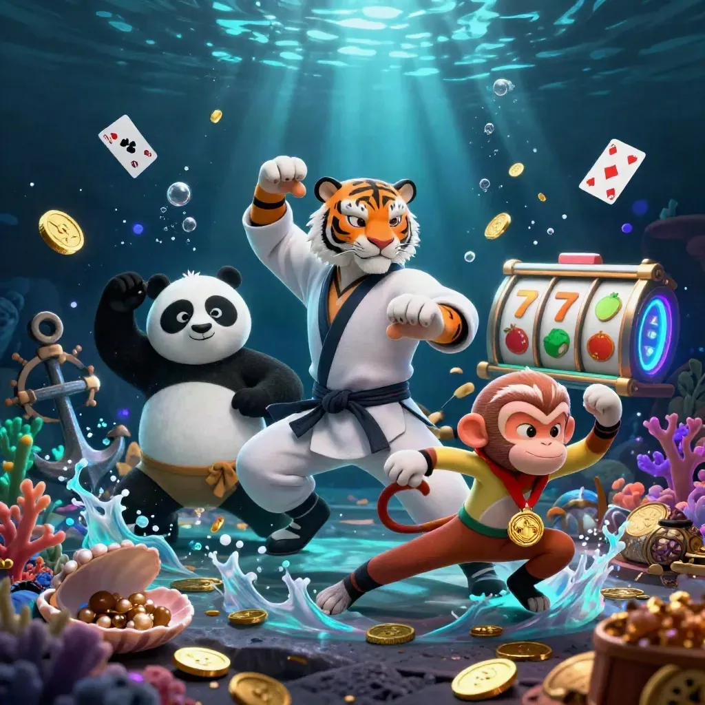 Tiger, panda, and monkey amid underwater treasure, coins, coral, bubbles, and casino icons.