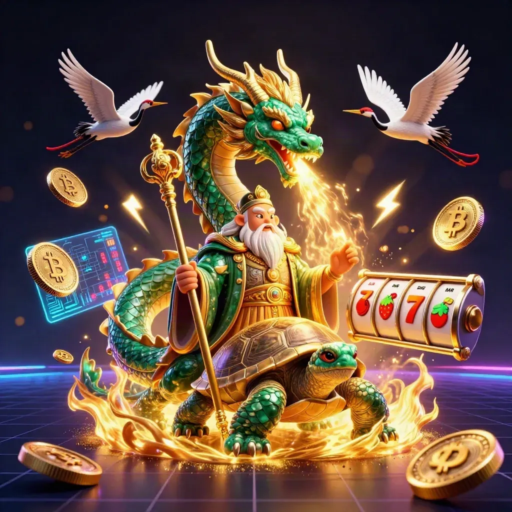 Emerald dragon, turtle sage, and cranes amid gold fire, casino coins, and neon light