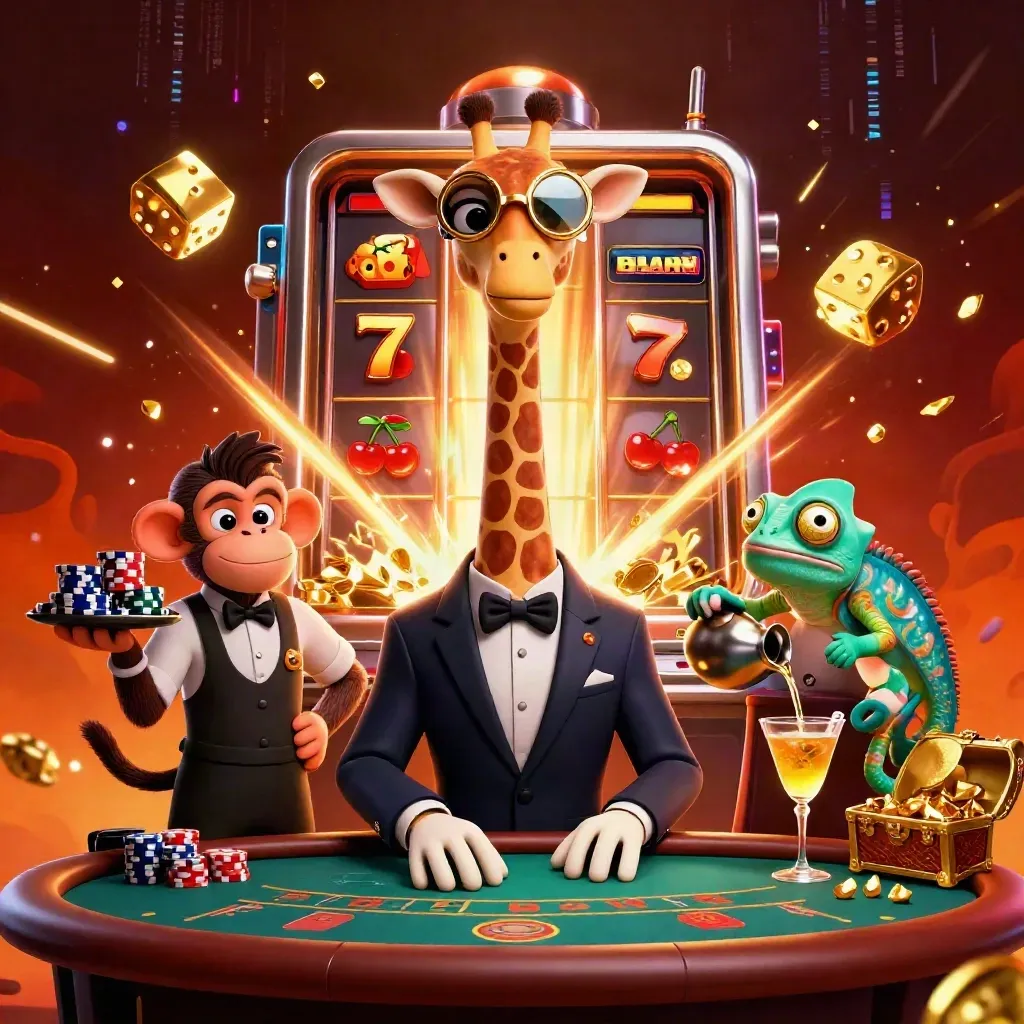 Giraffe high roller, monkey valet, and chameleon bartender amid exploding jackpot gold and neon effects.