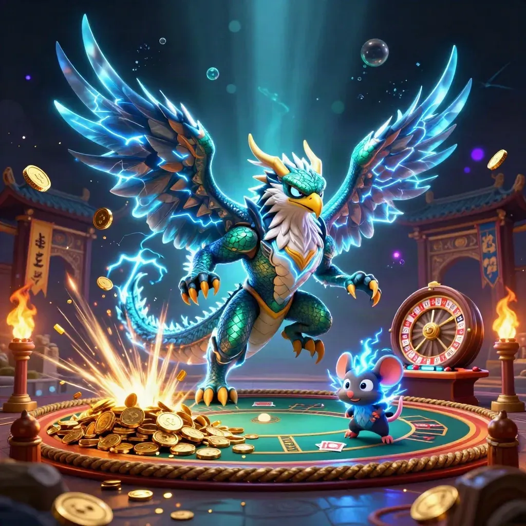 Thunder dragon, wind hawk, and static mouse in a casino treasure burst with coins, lightning, and roulette.