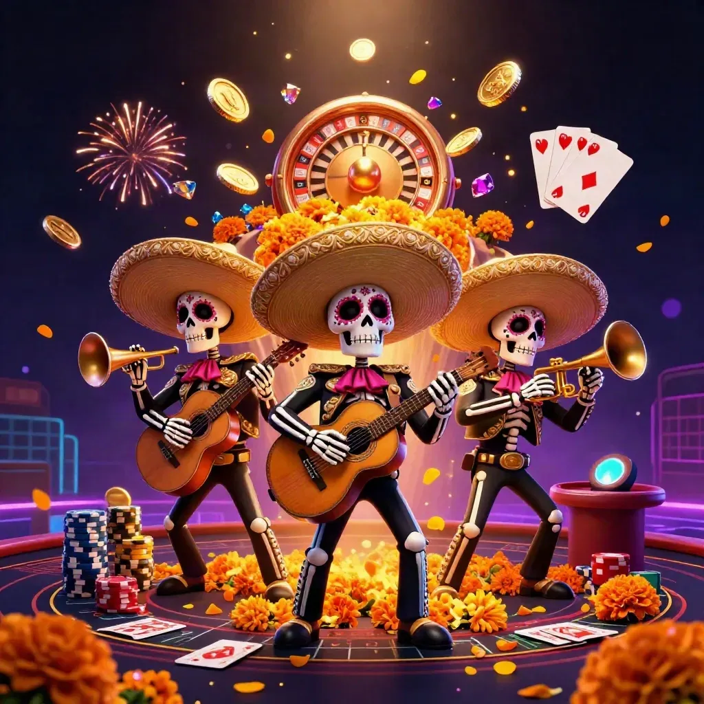 Three skeleton mariachi performers amid vault coins, roulette, chips, cards, and fireworks in a dark neon casino scene.