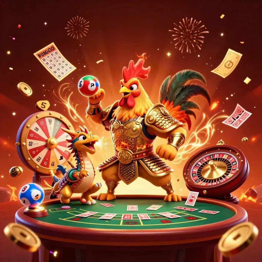 Rooster warrior, dragon hatchling, and fortune cat amid casino prizes, coins, fireworks, and glowing cards.