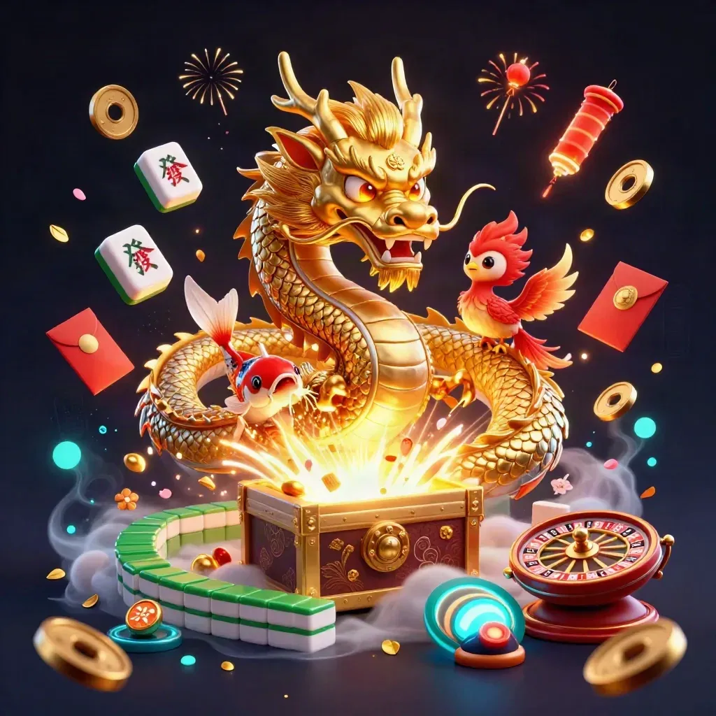 Golden dragon, phoenix, koi and casino symbols exploding from a treasure chest in dark neon light.