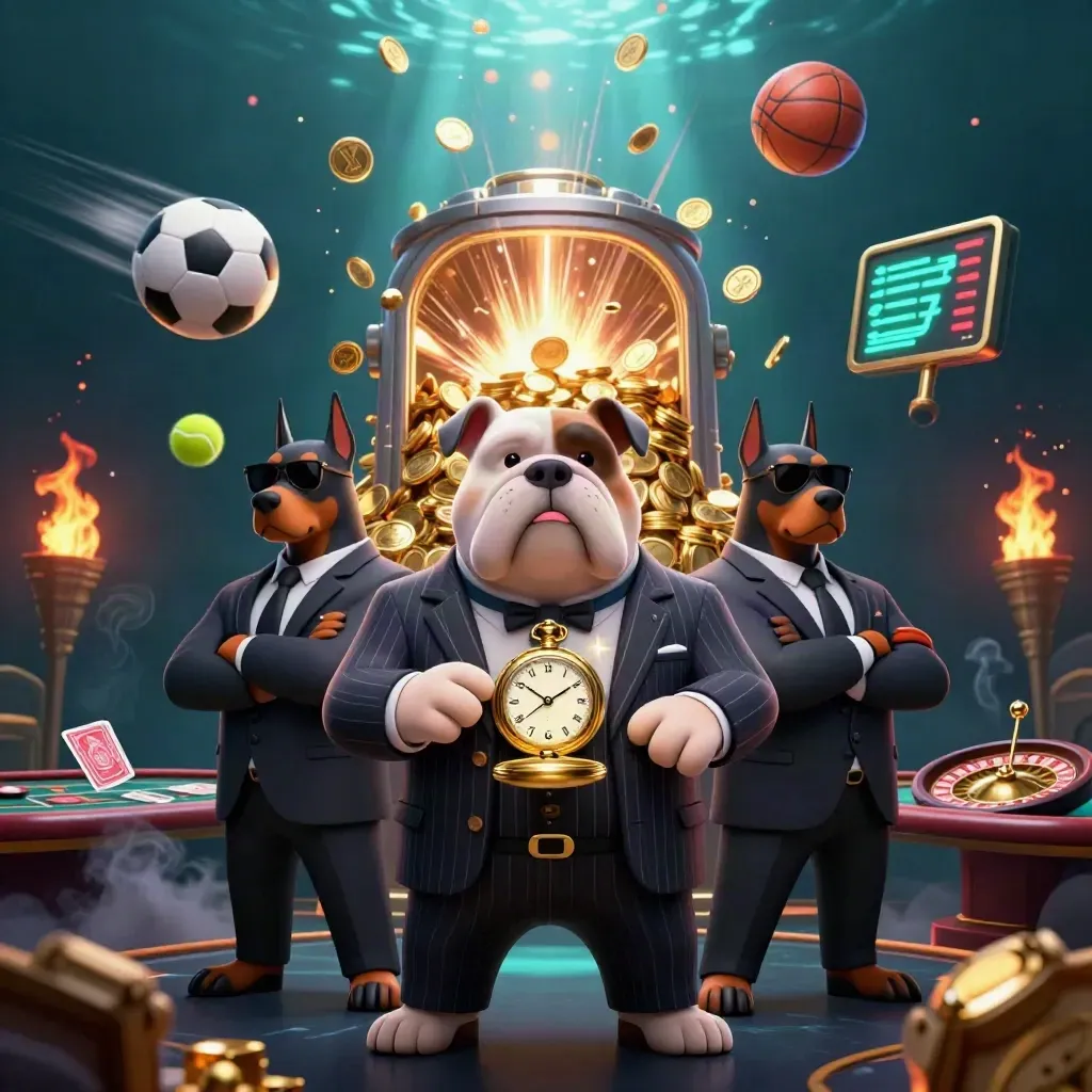 Bulldog boss and Dobermans amid casino vault burst, coins, trophy, balls, and spinning roulette wheel.