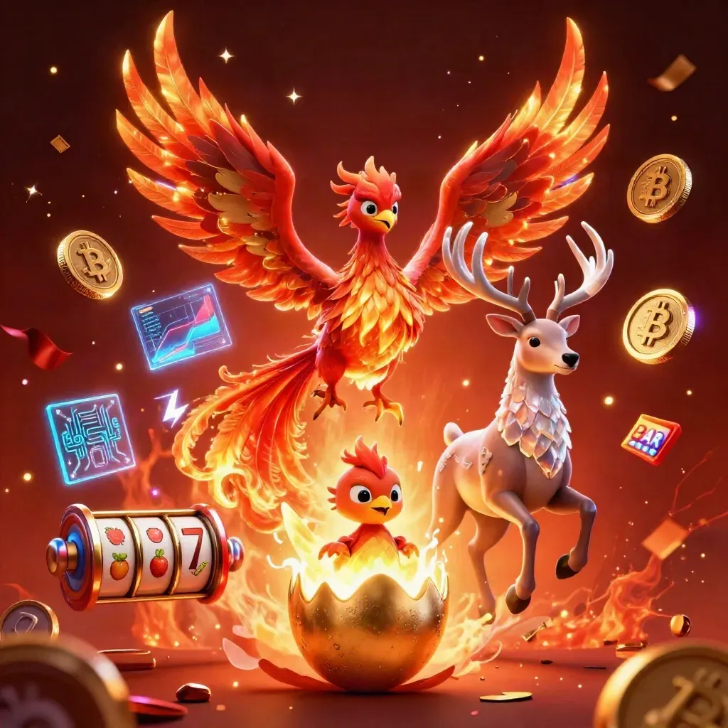 Phoenix, baby phoenix, and crystal stag amid casino coins and sparks on a fiery dark background.
