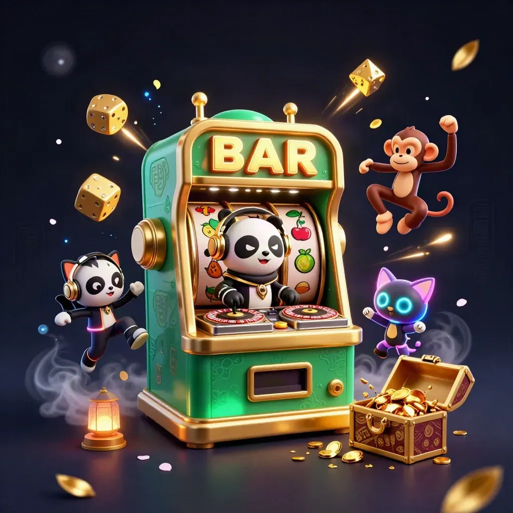 DJ panda, monkey, and kitten around a bursting emerald slot machine with gold effects
