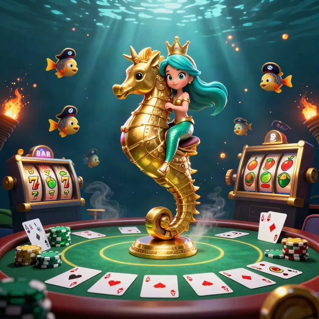 Mermaid princess on armored seahorse with pirate fish, casino cards, chips and glowing underwater reels