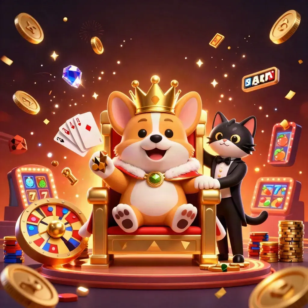 Royal corgi and cat butler amid casino chips, roulette, coins, gems, and glowing sparks.