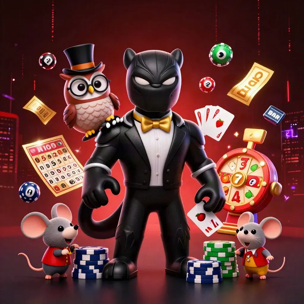 Panther, owl, and mouse casino heroes amid chips, reels, and glowing gold effects