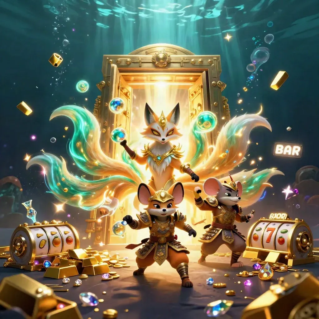 Fox spirit and armored mouse before an open vault with treasure, reels, and glowing underwater magic.