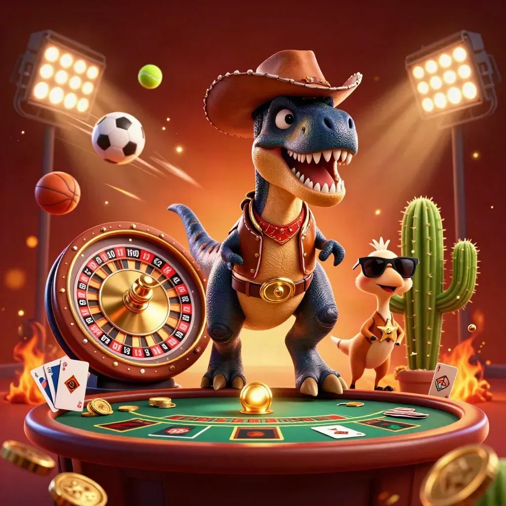Cowboy T-Rex, cactus sidekick, and roadrunner amid casino rewards and sports balls